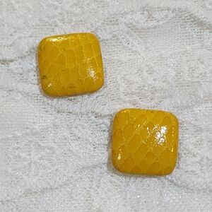 Vintage Goldenrod Yellow Faux Snakeskin Textured Square Pierced Earrings